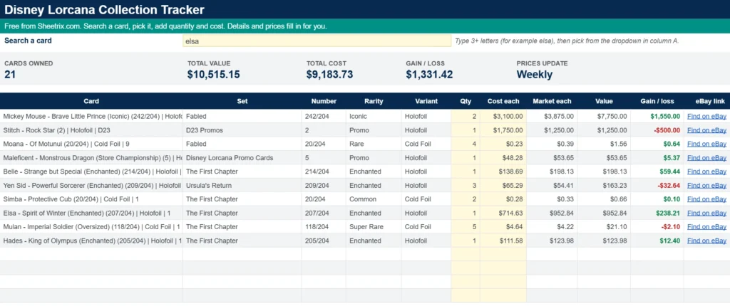Disney Lorcana collection tracker spreadsheet in Google Sheets with card prices, quantity, cost and gain or loss