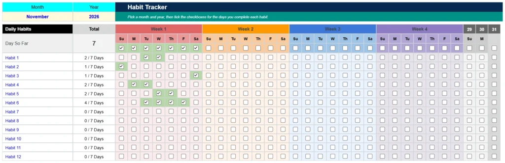 Habit tracker Excel template for November with checkboxes, four color-coded weeks, 12 habits, the Day So Far row and the Total column