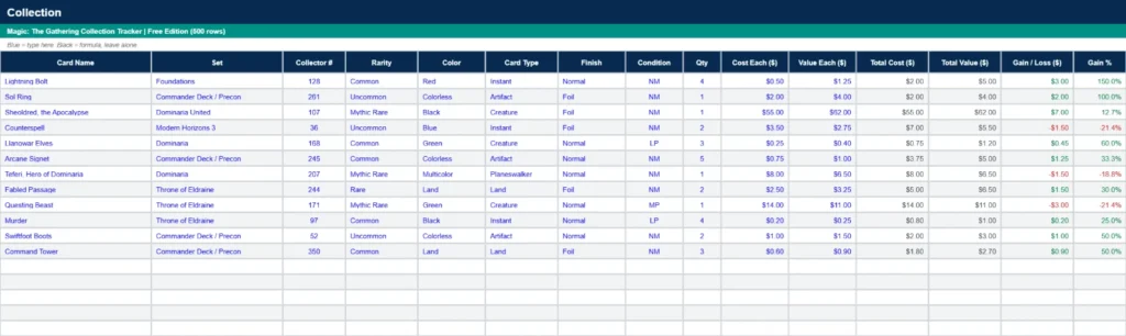 Magic The Gathering collection tracker spreadsheet collection tab with foils and card condition