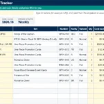 One Piece Card Game collection tracker spreadsheet Collection tab with card prices and gain or loss