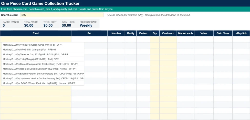 One Piece Card Game tracker card search dropdown listing printings for Luffy