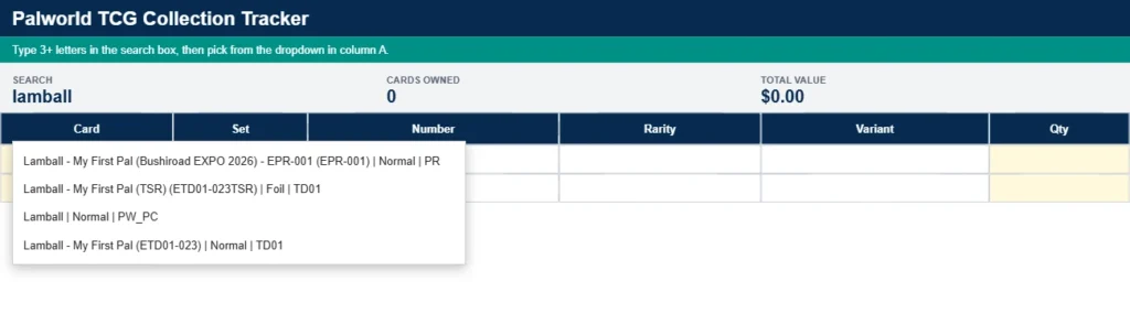 Palworld TCG card search dropdown in the Google Sheets collection tracker