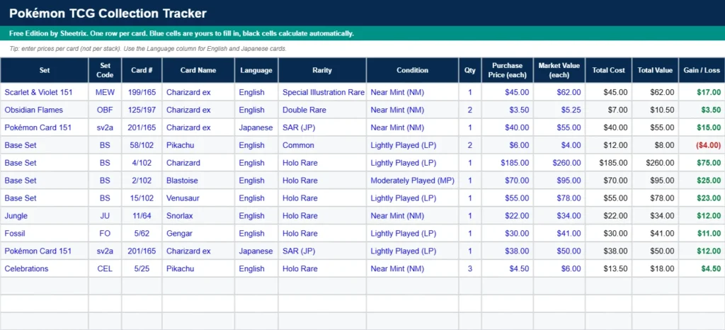 Pokemon TCG tracker spreadsheet collection tab with English and Japanese cards