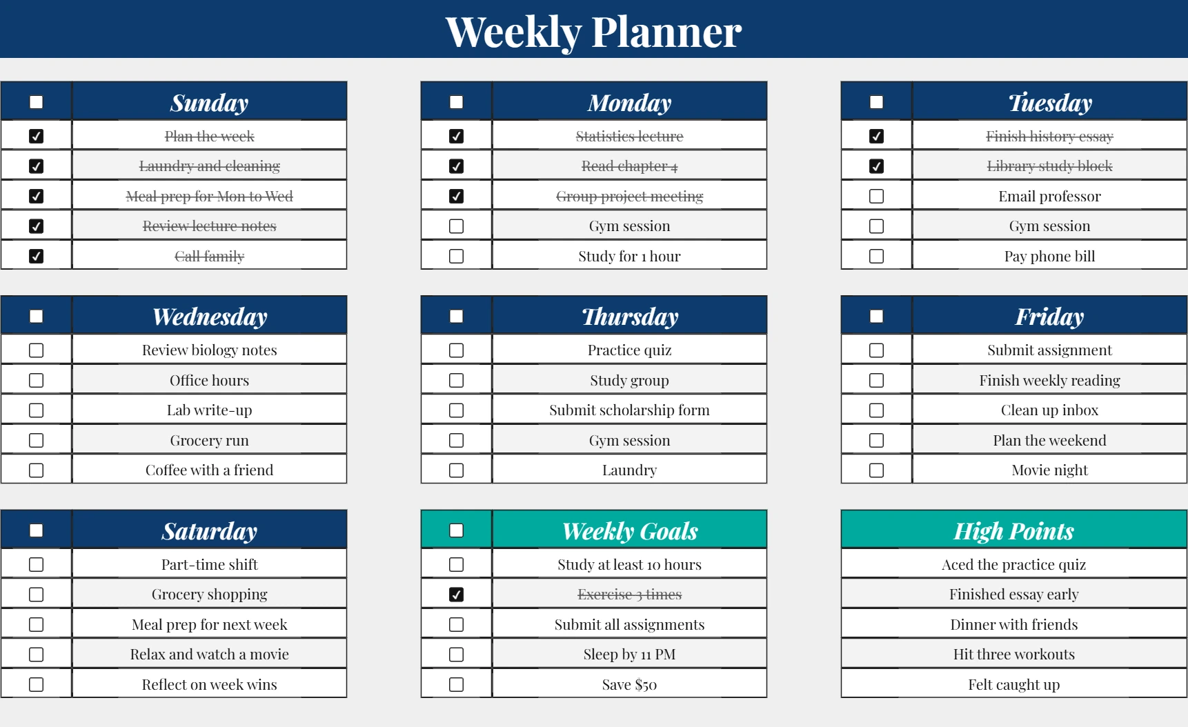 Free weekly planner Google Sheets template with Sunday to Saturday cards, checkboxes with strikethrough, weekly goals and high points