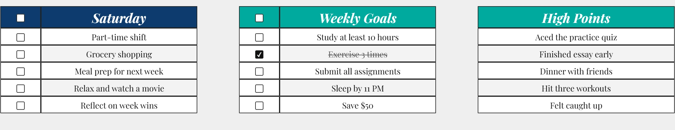 Weekly planner Google Sheets template Saturday card with Weekly Goals checklist and High Points reflection section