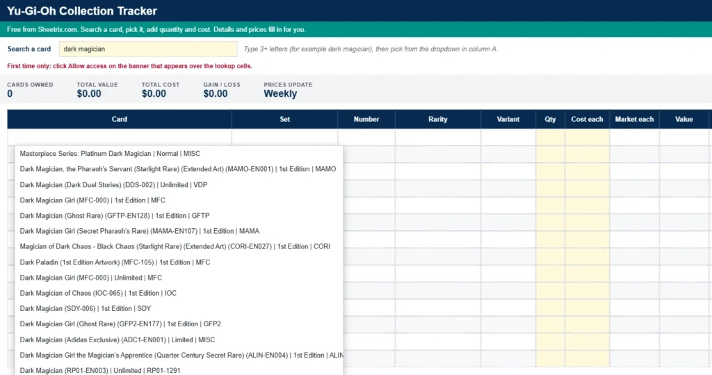 Yu-Gi-Oh card search dropdown in Google Sheets listing matching printings