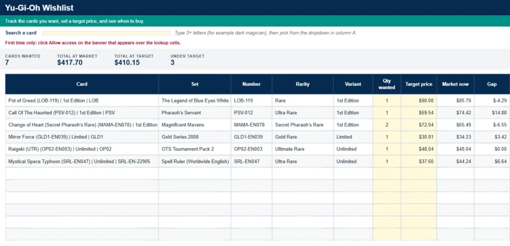 Yu-Gi-Oh wishlist tab with target prices and Buy now or Wait status